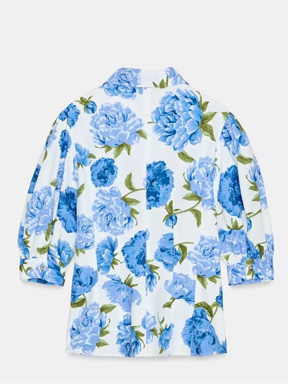 Zara White Button-Front Blouse with Blue Floral Print and Puff Sleeves